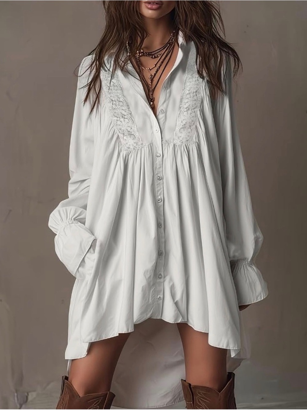 White High-Low Button Front Dress with Lace Yoke - Picture 2 of 8